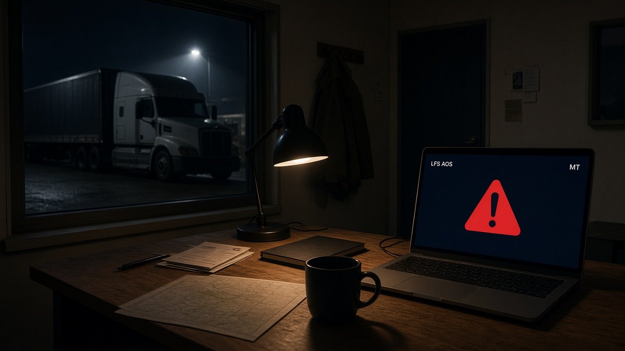 Trucking office at night, a laptop running LFS AOS with MT showing a red LFS Shield alert on a quote request from an 8-day-old website