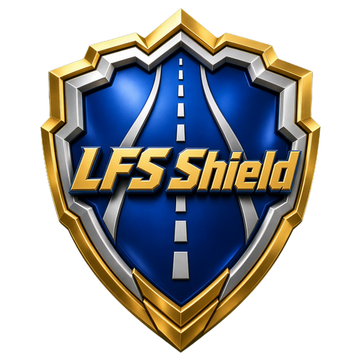 LFS Shield logo: brushed gold and silver shield with a royal blue highway center, pulsing green for all clear